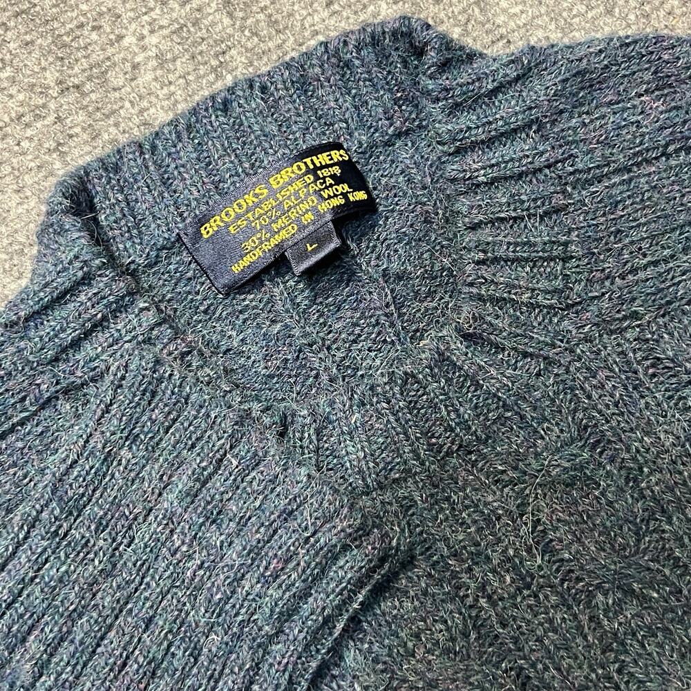 80s Brooks Brothers Mens L V-Neck Sweater Blue Wool Alpaca Cable Knit Vintage